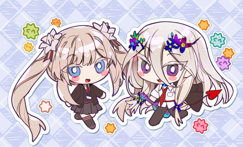 1boy 1girl :d black_jacket black_pants black_thighhighs blonde_hair blue_background blue_choker blue_eyes blue_flower blue_sweater blush_stickers bright_pupils brown_footwear candy chibi choker collared_shirt colored_eyelashes commentary_request eyes_visible_through_hair fate/grand_order fate_(series) flower food gradient_flower green_eyes grey_skirt hair_between_eyes hair_flower hair_ornament holding holding_instrument instrument jacket jacket_on_shoulders konpeitou korean_commentary lanyard long_hair looking_at_viewer low-tied_sidelocks marie_antoinette_(alter)_(fate) marie_antoinette_(fate) multicolored_eyes necktie open_clothes open_jacket open_mouth outline outstretched_arms pants pleated_skirt purple_eyes purple_flower red_necktie school_uniform shirt simple_background sitto skirt smile sweater thighhighs twintails ukulele very_long_hair white_flower white_outline white_pupils white_shirt wing_collar wolfgang_amadeus_mozart_(fate)