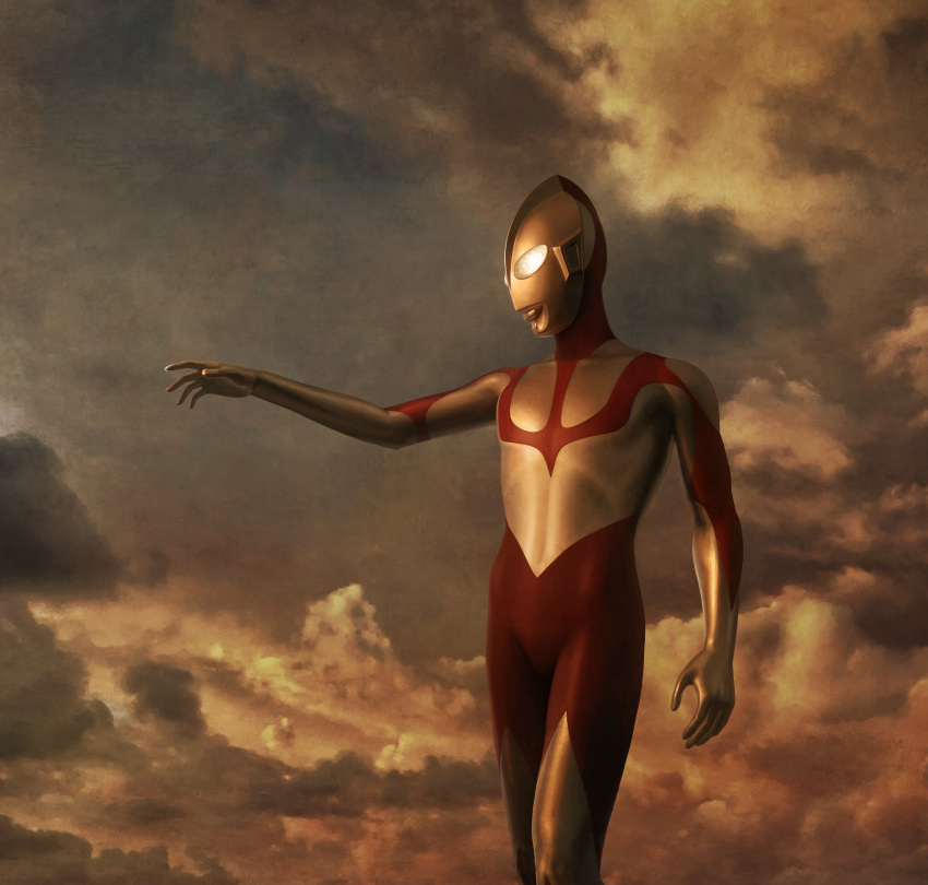 1boy absurdres alien cloud cloudy_sky commentary_request feet_out_of_frame highres katou_yuu looking_ahead male_focus no_humans outstretched_arm shin_ultraman sky solo standing sunset tokusatsu ultra_series ultraman ultraman_(shin) white_eyes