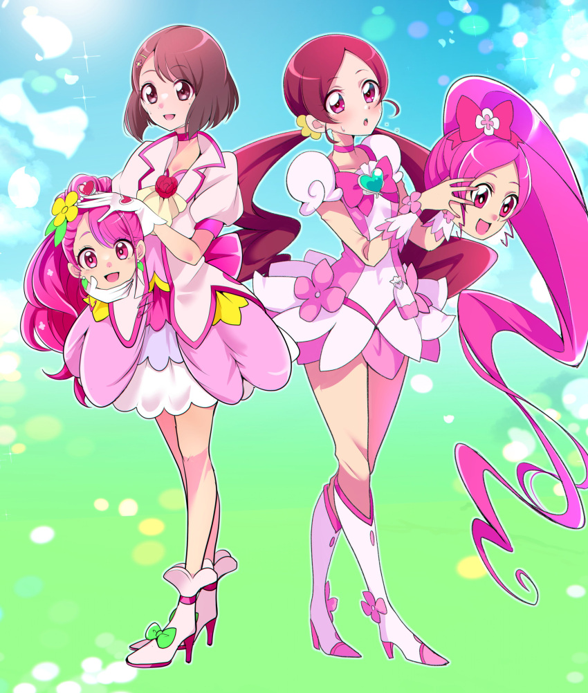 2girls :o absurdres animegao ankle_boots back_bow bob_cut boots bow bowtie brooch brown_hair choker commentary cosplay cure_blossom cure_grace dress hanadera_nodoka hanasaki_tsubomi healin'_good_precure heart heart_brooch heartcatch_precure! high_heel_boots high_heels highres holding holding_mask in-franchise_crossover jacket jewelry kigurumi low_twintails magical_girl mask medium_dress mitsuki_tayura multiple_girls open_mouth pink_bow pink_bowtie pink_choker pink_dress pink_eyes pink_footwear pink_hair pink_jacket pouch precure puffy_short_sleeves puffy_sleeves purple_eyes red_hair self_cosplay short_dress short_sleeves side-by-side smile sweatdrop twintails unworn_mask