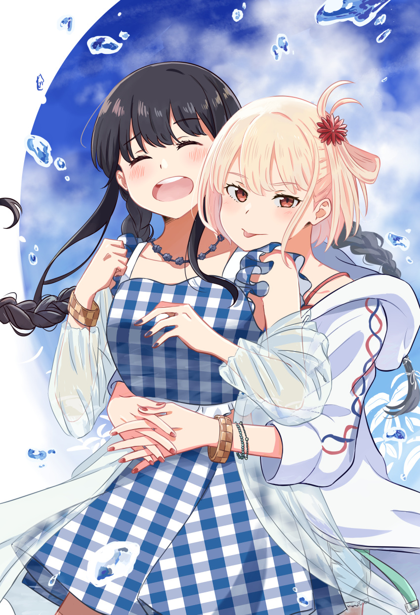 2girls absurdres black_hair blonde_hair blue_dress blue_sky blush bracelet braid chai_haru closed_eyes closed_mouth cloud commentary_request dress flower hair_flower hair_ornament highres hood hoodie hug hug_from_behind inoue_takina jewelry long_hair long_sleeves looking_at_viewer lycoris_recoil multiple_girls necklace nishikigi_chisato off_shoulder one_side_up open_mouth outdoors plaid plaid_dress purple_nails red_eyes red_flower see-through see-through_shirt sky smile tongue tongue_out twin_braids water white_hoodie