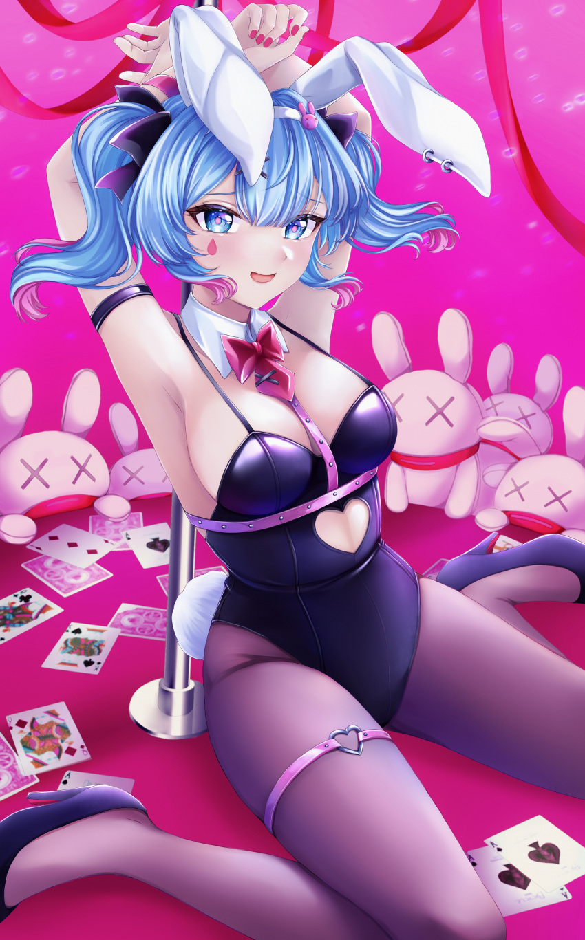 1girl :d absurdres ace_(playing_card) ace_of_spades animal_ears arm_strap armpits arms_behind_head arms_up bare_shoulders black_leotard blue_eyes blue_hair blush bow bowtie breasts card cleavage clothing_cutout detached_collar full_body hair_between_eyes hair_ornament hairband hatsune_miku heart_cutout heart_o-ring high_heels highres king_(playing_card) king_of_spades legs_apart leotard long_hair looking_at_viewer medium_breasts medium_hair multicolored_hair nail_polish on_floor pantyhose pink_background pink_bow pink_bowtie pink_hair pink_nails playing_card pole queen_(playing_card) queen_of_clubs queen_of_diamonds rabbit_ears rabbit_girl rabbit_hair_ornament rabbit_hole_(vocaloid) rabbit_tail sitting small_breasts smile solo spade_(shape) spaghetti_strap stomach_cutout stripper_pole stuffed_animal stuffed_rabbit stuffed_toy tail thigh_strap thighs twintails two-tone_hair umi_chi vocaloid white_hairband x_hair_ornament