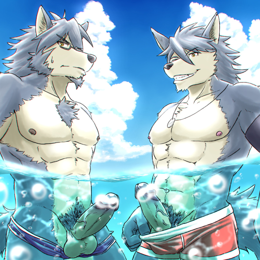 2boys abs animal_ears armband bara black_armband blue_sky chest_hair cloud cloudy_sky commentary_request convenient_censoring dog_boy dog_ears dog_tail erection facial_hair fang furry furry_male goatee highres jewelry kouya_aotsuki male_focus male_swimwear mitsuhisa_aotsuki morenatsu multiple_boys necklace nipples partially_submerged pectorals penis pubic_hair run-aki sky smile tail testicles topless_male yellow_eyes