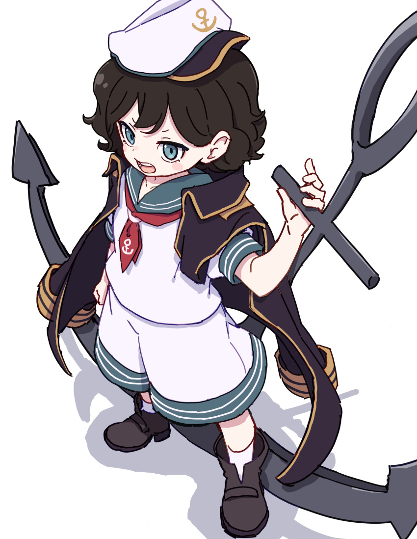 1girl absurdres anchor black_coat black_footwear black_hair blush_stickers coat from_above full_body green_eyes green_sailor_collar hat highres kame_(kamepan44231) murasa_minamitsu neckerchief open_clothes open_coat open_mouth peaked_cap red_neckerchief sailor_collar shoes short_hair short_sleeves shorts simple_background socks solo touhou white_background white_hat white_shorts white_socks