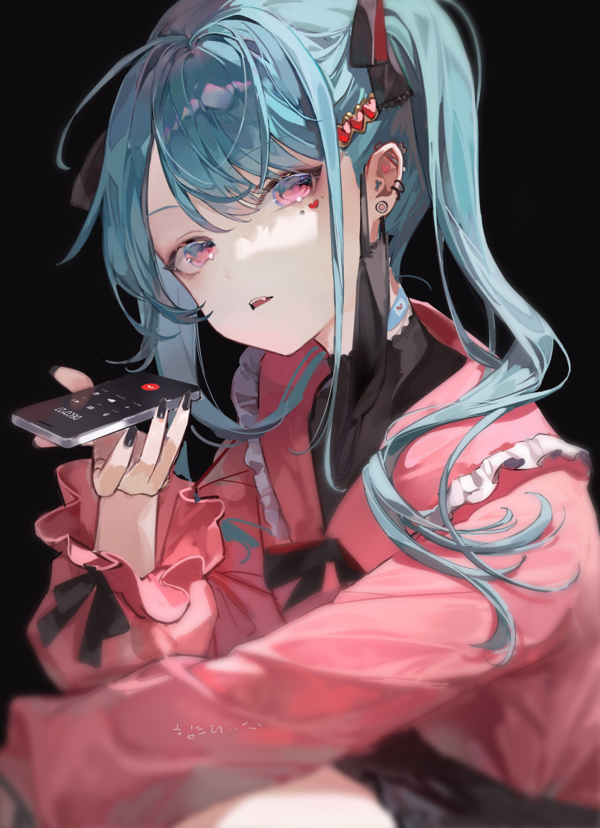 1girl absurdres black_background black_nails blue_hair cellphone chyoel hair_ornament heart heart-shaped_pupils heart_hair_ornament highres jirai_kei long_hair looking_at_viewer phone pink_eyes pink_shirt shirt smartphone solo symbol-shaped_pupils talking_on_phone vampire_(vocaloid) vocaloid