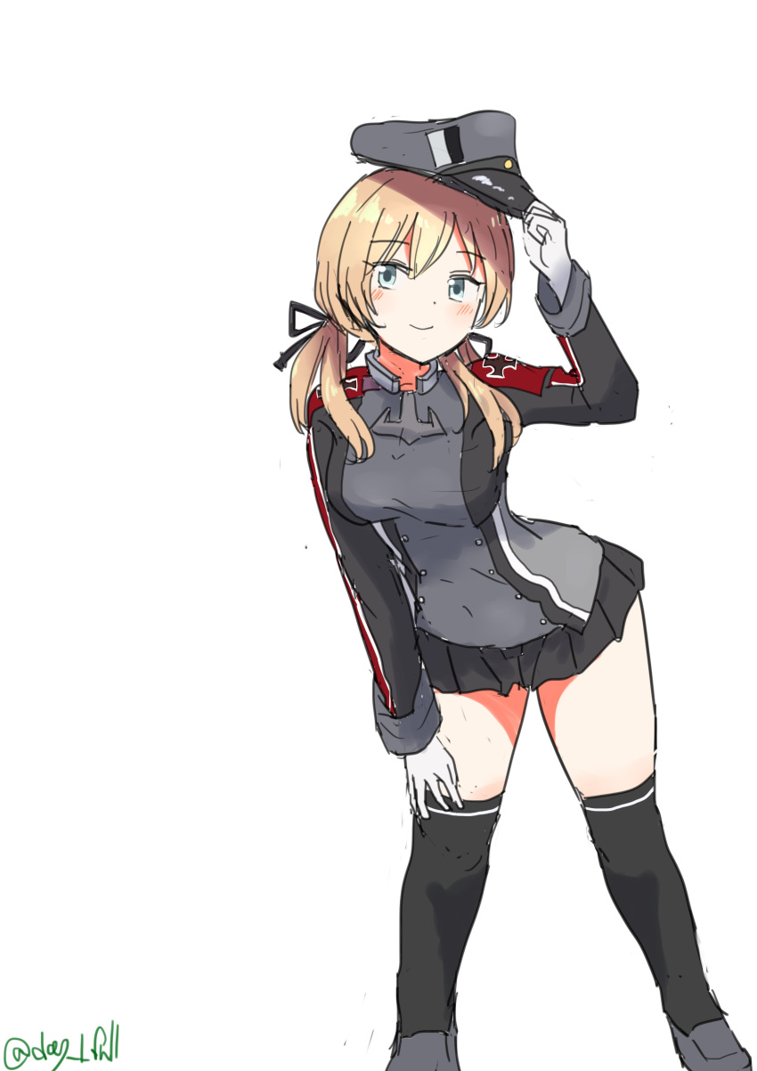 1girl absurdres anchor_hair_ornament aqua_eyes black_skirt black_thighhighs blonde_hair cross full_body gloves hair_ornament hand_on_own_thigh hat highres iron_cross kantai_collection leaning_forward low_twintails microskirt military_hat military_uniform one-hour_drawing_challenge peaked_cap prinz_eugen_(kancolle) robinson_(day_l_full) simple_background skirt solo thighhighs twintails twitter_username uniform white_background white_gloves