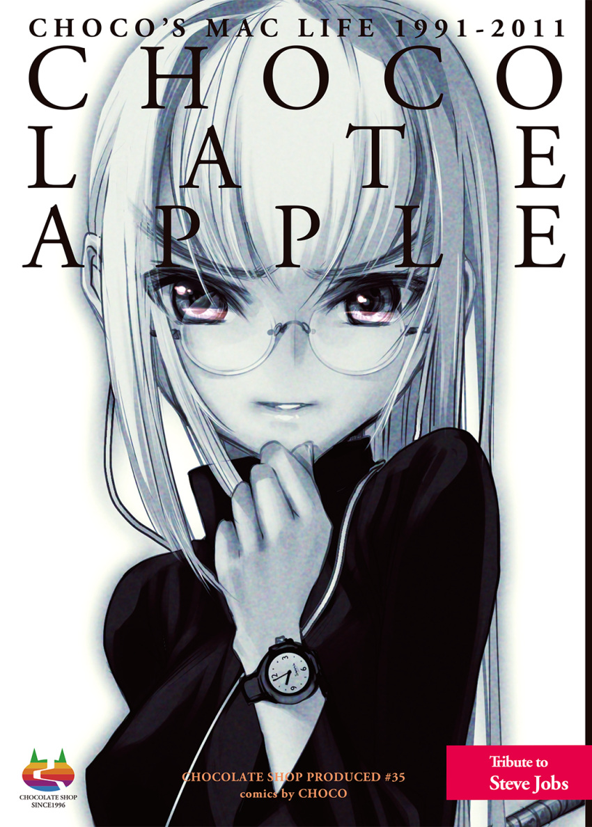 1girl apple_inc. choco_(chocolate_shop) close-up earbuds earphones genderswap genderswap_(mtf) glasses highres long_hair looking_at_viewer parted_lips photoshop_(medium) pink_eyes real_life solo steve_jobs sweater text_focus turtleneck watch white_hair wristwatch