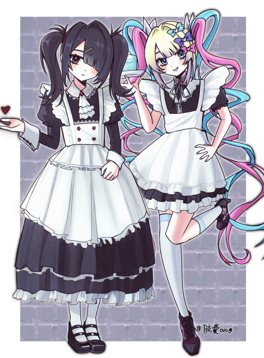 2girls alternate_costume ame-chan_(needy_girl_overdose) apron black_dress black_footwear black_hair blonde_hair blue_bow blue_eyes blue_hair border bow chinese_commentary chouzetsusaikawa_tenshi-chan closed_mouth collared_dress commentary_request dress enmaided frilled_apron frilled_dress frills full_body grey_background hair_bow hair_ornament hair_over_one_eye hand_on_own_hip hand_up highres holding holding_tray jiaonang juliet_sleeves long_hair long_sleeves looking_at_viewer maid mary_janes multicolored_hair multiple_girls needy_girl_overdose open_mouth pink_bow pink_hair puffy_sleeves purple_bow quad_tails shoes smile standing standing_on_one_leg thighhighs tray twintails very_long_hair white_apron white_border white_thighhighs x_hair_ornament