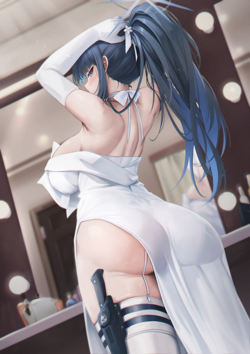 1girl absurdres arms_behind_head arms_up ass bare_shoulders black_hair blue_archive blue_eyes blue_hair blush breasts combat_knife dress elbow_gloves gloves hair_ribbon halo highres knife knife_sheath kuutamo large_breasts long_hair looking_at_viewer looking_back multicolored_hair ponytail ribbon saori_(blue_archive) saori_(dress)_(blue_archive) sheath solo standing thighs weapon white_dress white_gloves