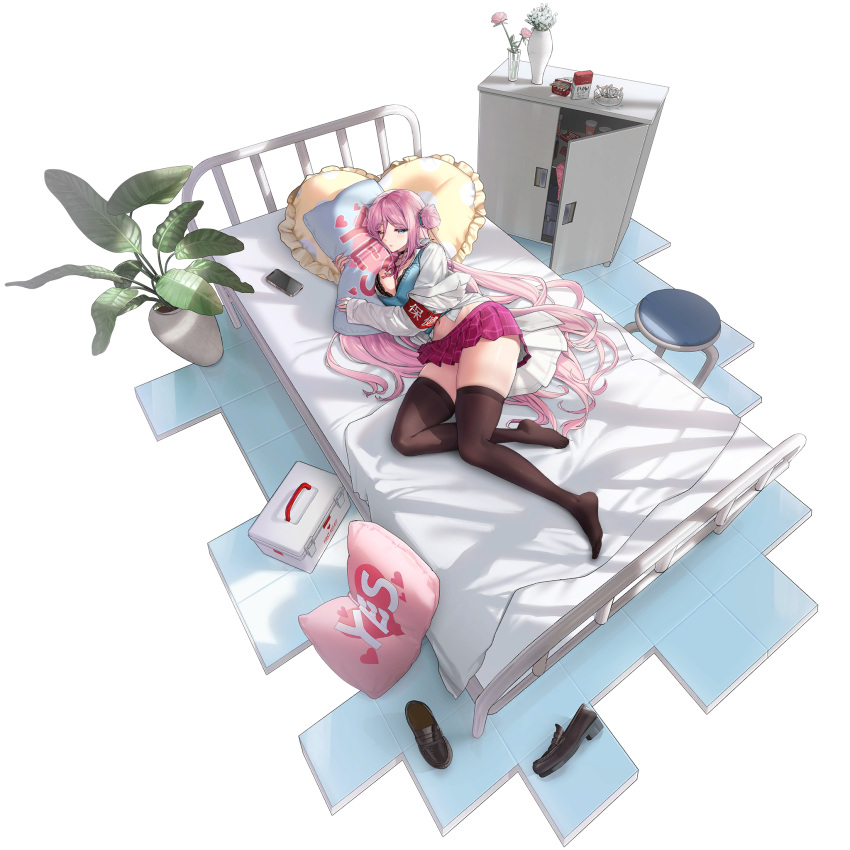 1girl armband ashtray bed bed_sheet black_bra black_choker black_footwear black_thighhighs blue_cardigan blue_eyes bra breast_press breasts cabinet cardigan cellphone checkered_clothes checkered_skirt choker cigarette cigarette_butt cigarette_pack cleavage coat condom condom_box condom_packet_strip condom_wrapper first_aid_kit flower full_body hair_between_eyes hair_bun hair_ornament hair_spread_out head_on_pillow heart heart-shaped_pillow heart_choker highres hospital_bed hugging_object infirmary lab_coat lace lace_bra large_breasts last_origin loafers long_hair long_sleeves lying mel_(dodosae) messy_hair miniskirt nail_polish navel official_alternate_costume official_art on_bed on_side one_eye_closed open_clothes open_coat phone pill_bottle pillow pillow_hug pink_flower pink_hair pink_nails pink_rose pink_skirt plant pleated_skirt potted_plant red_armband rose safety_pin scarabya_(last_origin) school_nurse shoes single_side_bun skindentation skirt smartphone solo stool tachi-e thick_thighs thighhighs thighs third-party_source transparent_background underwear unworn_footwear very_long_hair white_coat white_flower yes-no_pillow