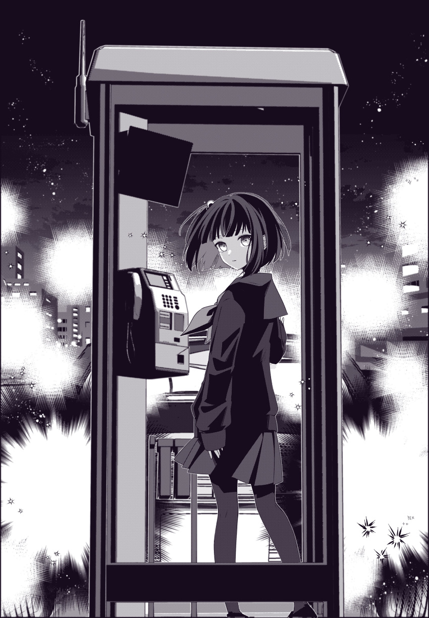 1girl absurdres amemori_sayo arm_at_side floating_hair from_outside full_body greyscale highres long_sleeves looking_at_viewer miniskirt monochrome neckerchief night nijisanji one_side_up pantyhose parted_lips payphone phone phone_booth pleated_skirt ryi5661124 sailor_collar school_uniform serafuku shirt short_hair sidelocks skirt sky sleeves_past_wrists solo star_(sky) starry_sky virtual_youtuber