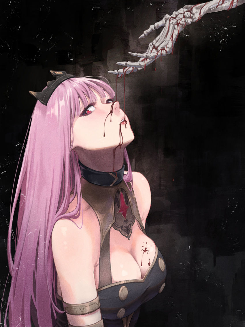 1girl absurdres armlet black_dress blood blood_on_breasts blood_on_face breasts cleavage commentary dress film_grain highres hololive hololive_english large_breasts light_blush long_hair looking_at_viewer mori_calliope mori_calliope_(1st_costume) parted_lips pink_hair red_eyes samukzz sideways_glance skeletal_hand solo symbol-only_commentary teeth tiara upper_body virtual_youtuber