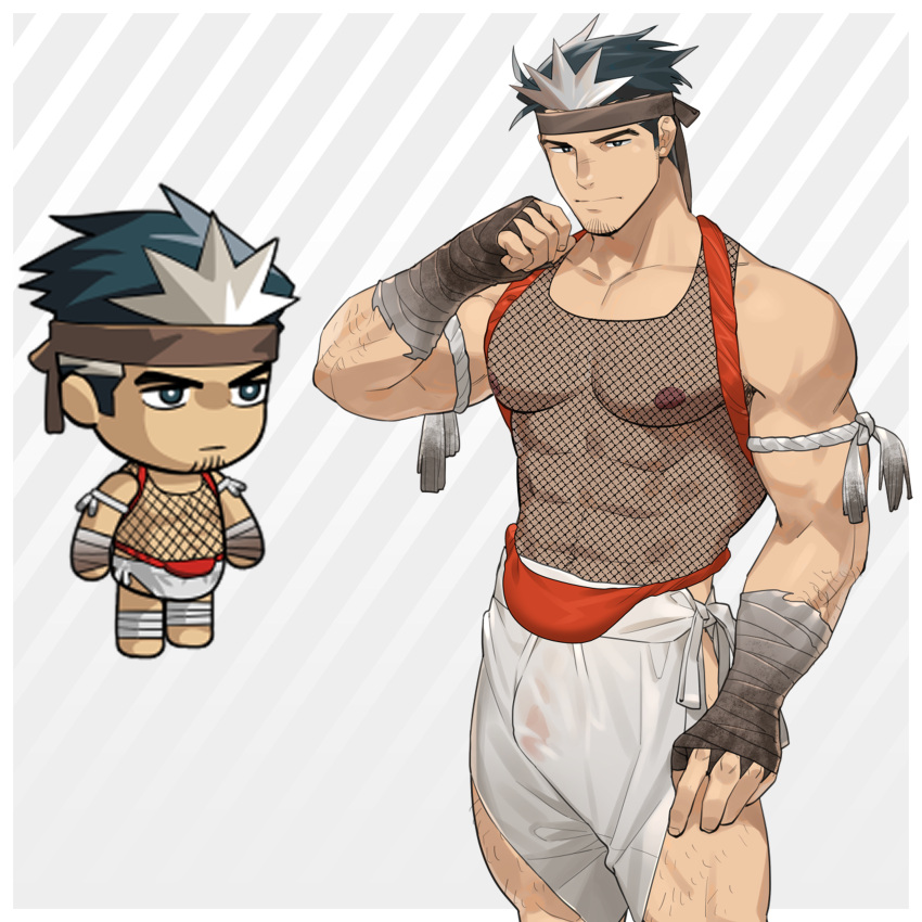 1boy abs absurdres bandaged_hand bandages bara bare_pectorals bulge chibi covered_penis covering_privates cowboy_shot da_thach_(kienbiu) ero_condo facial_hair fishnet_top fishnets flaccid goatee_stubble hachimaki headband highres kienbiu male_focus muscular muscular_male nipples nude_cover official_alternate_costume paid_reward_available pectorals see-through short_hair simple_background solo sparse_arm_hair sparse_chest_hair sparse_leg_hair standing stomach stubble wet wet_clothes