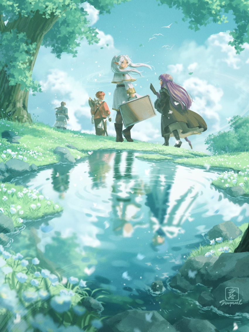 2boys 2girls artist_name axe battle_axe bird black_coat blue_flower blue_sky boots brown_footwear capelet cloud coat commentary dewpearl_art english_commentary fern_(sousou_no_frieren) flower frieren from_behind full_body gold_trim green_theme highres holding holding_staff holding_suitcase jacket long_hair looking_at_viewer looking_back mage_staff multiple_boys multiple_girls outdoors pointy_ears pond purple_hair red_hair red_jacket rock sein_(sousou_no_frieren) short_hair signature sky sousou_no_frieren staff stark_(sousou_no_frieren) suitcase tree twintails weapon weapon_on_back white_capelet white_hair