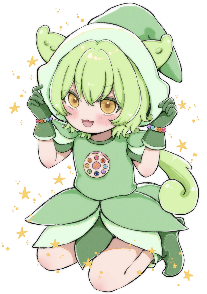 1girl absurdres alternate_costume animal_ears bead_bracelet beads blush blush_stickers boots bracelet colored_eyelashes commentary_request cosplay dress gloves green_dress green_footwear green_gloves green_hair green_hat hair_between_eyes hands_on_headwear hat highres jewelry kneeling kuroshiro_(lilymofumofu) long_hair looking_at_viewer low_ponytail magical_girl no_nose ojamajo_doremi open_mouth orange_eyes smile solo star_(symbol) v-shaped_eyebrows voicevox white_background witch_hat zundamon
