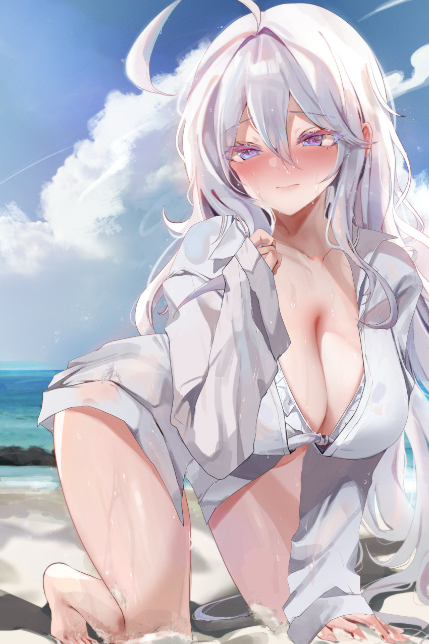 1girl absurdres ahoge antenna_hair beach bikini blue_sky blush breasts cleavage closed_mouth cloud collarbone commentary_request day dolechan dress_shirt frilled_bikini frills hair_between_eyes highres kneeling large_breasts long_hair looking_at_viewer ocean original outdoors purple_eyes shirt sidelocks sky solo sweat swimsuit variant_set white_bikini white_hair white_shirt