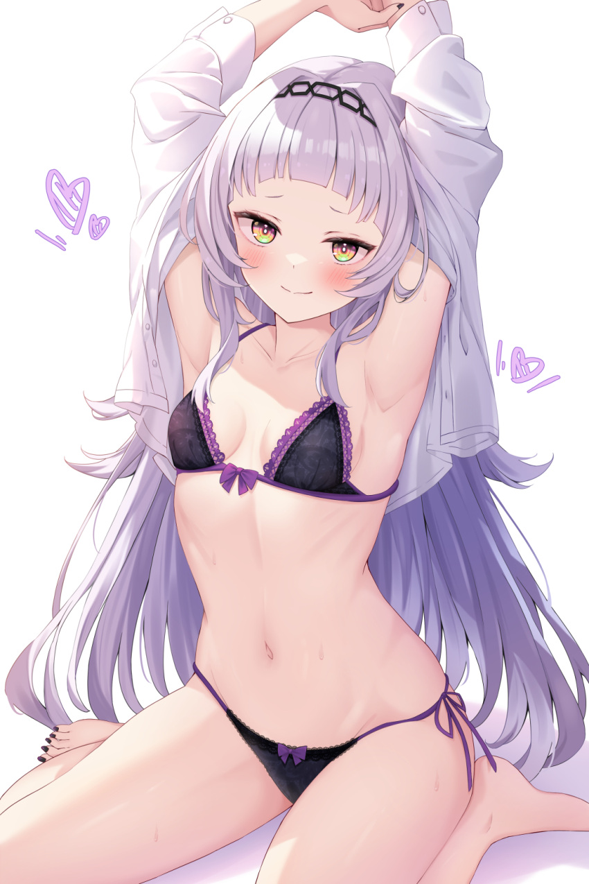 1girl arched_bangs armpits arms_up barefoot black_bra black_nails black_panties blush bow bow_bra bow_panties bra breasts bright_pupils closed_mouth commentary_request cropped_shirt dot_nose dress_shirt feet fingernails grey_hair headband heart highres hololive kurono_yuzuko lace-trimmed_bra lace-trimmed_panties lace_trim long_fingernails long_hair long_sleeves long_toenails looking_at_viewer murasaki_shion nail_polish navel open_clothes open_shirt paid_reward_available panties shadow shirt short_eyebrows side-tie_panties simple_background sitting small_breasts smile solo split_mouth stomach string_panties sweat toenail_polish toenails toes underwear very_long_hair virtual_youtuber white_background white_pupils white_shirt yellow_eyes