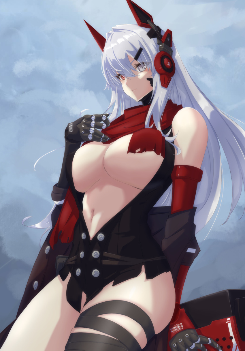 1girl alpha_(punishing:_gray_raven) bare_shoulders black_gloves breasts cleavage closed_mouth cloud elbow_gloves gloves grey_eyes hair_between_eyes hair_ornament hairclip headgear heterochromia highres large_breasts long_hair looking_at_viewer lucia:_crimson_abyss_(punishing:_gray_raven) lucia_(punishing:_gray_raven) mechanical_arms navel outdoors punishing:_gray_raven red_eyes red_scarf scarf sky solo task_baron thighhighs thighs torn_clothes underboob very_long_hair weapon white_hair yellow_eyes