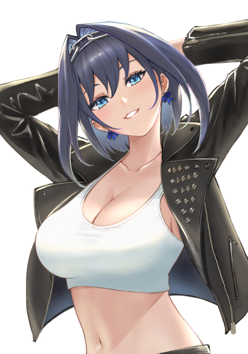 1girl absurdres arms_behind_head arms_up black_jacket blue_eyes blue_hair breasts chain_headband cleavage collarbone commentary crop_top earrings eyelashes highres hololive hololive_english jacket jewelry large_breasts looking_at_viewer navel open_clothes open_jacket ouro_kronii parted_lips short_hair smile solo studded_jacket tomozoo83 upper_body virtual_youtuber white_background