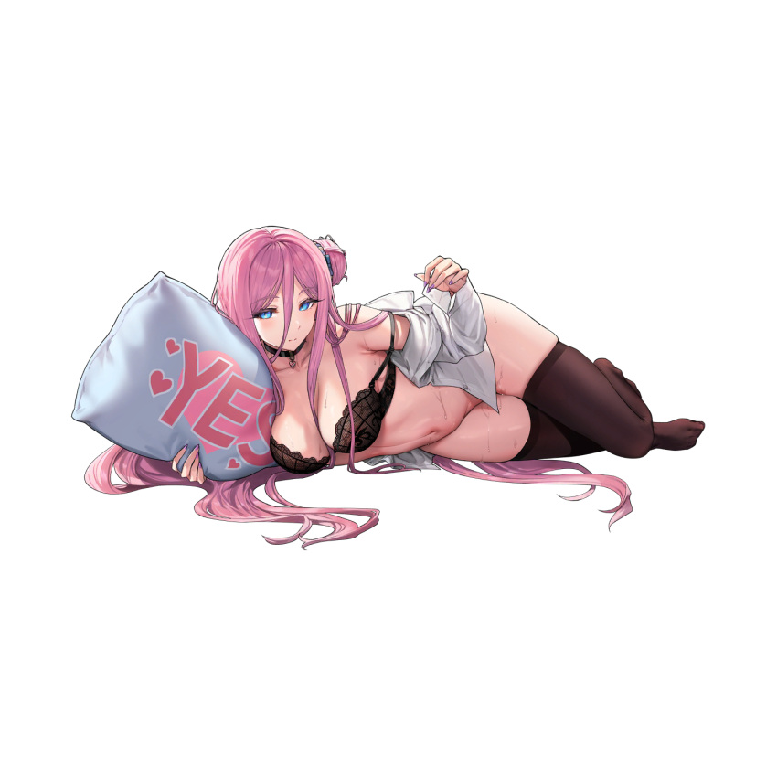 1girl black_bra black_thighhighs blue_eyes bra breasts choker cleavage closed_mouth collared_shirt full_body hair_between_breasts hair_between_eyes hair_bun hair_ornament hair_spread_out heart heart_choker highres hugging_object lace lace_bra large_breasts last_origin linea_alba long_hair looking_at_viewer lying mel_(dodosae) messy_hair nail_polish navel no_panties official_alternate_costume official_art on_side open_clothes open_shirt pillow pillow_hug pink_hair presenting purple_nails scarabya_(last_origin) school_nurse see-through_bra shirt simple_background single_side_bun solo strap_slip suggestive_fluid tachi-e thick_thighs thighhighs thighs third-party_source transparent_background underwear very_long_hair wet white_shirt yes-no_pillow