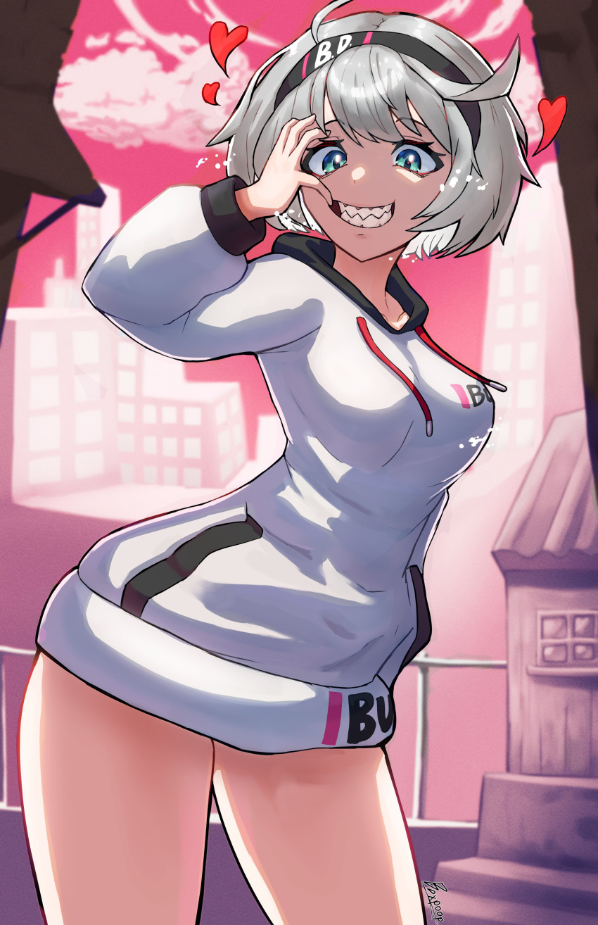 1girl absurdres black_hairband breasts building cloud commentary elphelt_valentine english_commentary eyelashes green_eyes grey_hair guilty_gear guilty_gear_strive hairband heart highres large_breasts poopman print_sweater red_sky sharp_teeth short_hair sky smile solo standing sweater teeth white_sweater