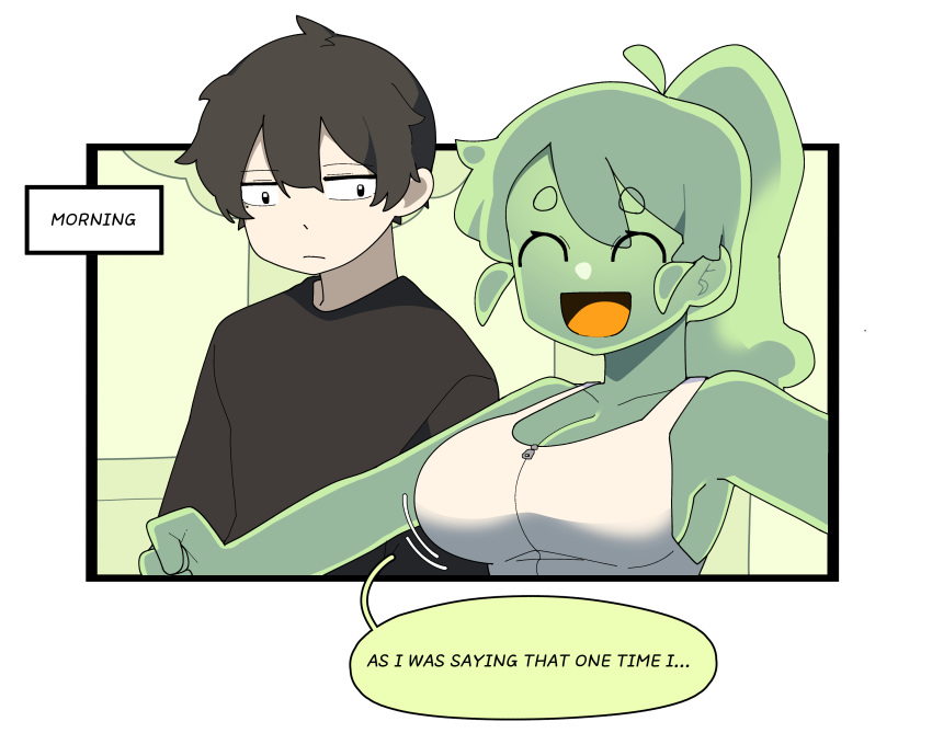 1boy 1girl absurdres armpits bare_shoulders black_eyes black_hair black_shirt breasts cleavage closed_eyes colored_skin colored_speech_bubble colored_tongue crop_top english_text gomulgong green_skin happy highres indoors large_breasts looking_at_another looking_at_breasts midriff monster_girl open_mouth original ponytail shirt sideboob slime_(substance) slime_girl slime_girl_(gomulgong) smile speech_bubble yellow_eyes yellow_tongue zipper