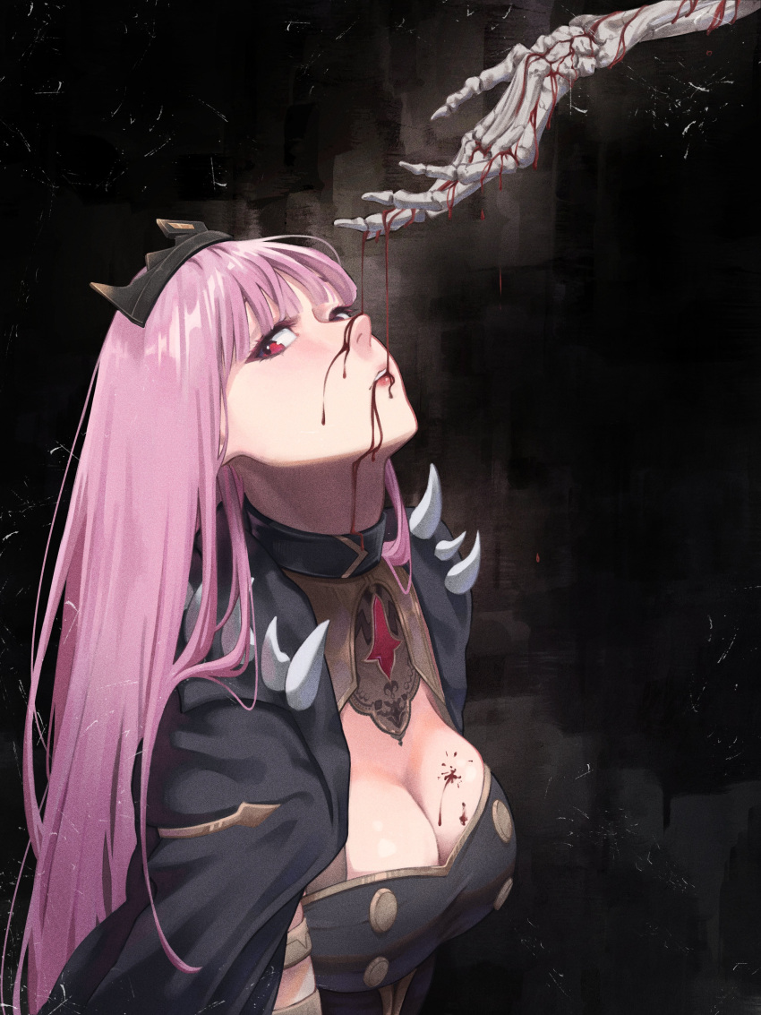 1girl absurdres armlet black_cape black_dress blood blood_on_breasts blood_on_face breasts cape cleavage commentary dress film_grain highres hololive hololive_english large_breasts light_blush long_hair looking_at_viewer mori_calliope mori_calliope_(1st_costume) parted_lips pink_hair red_eyes samukzz shoulder_spikes sideways_glance skeletal_hand solo spikes symbol-only_commentary teeth tiara upper_body virtual_youtuber