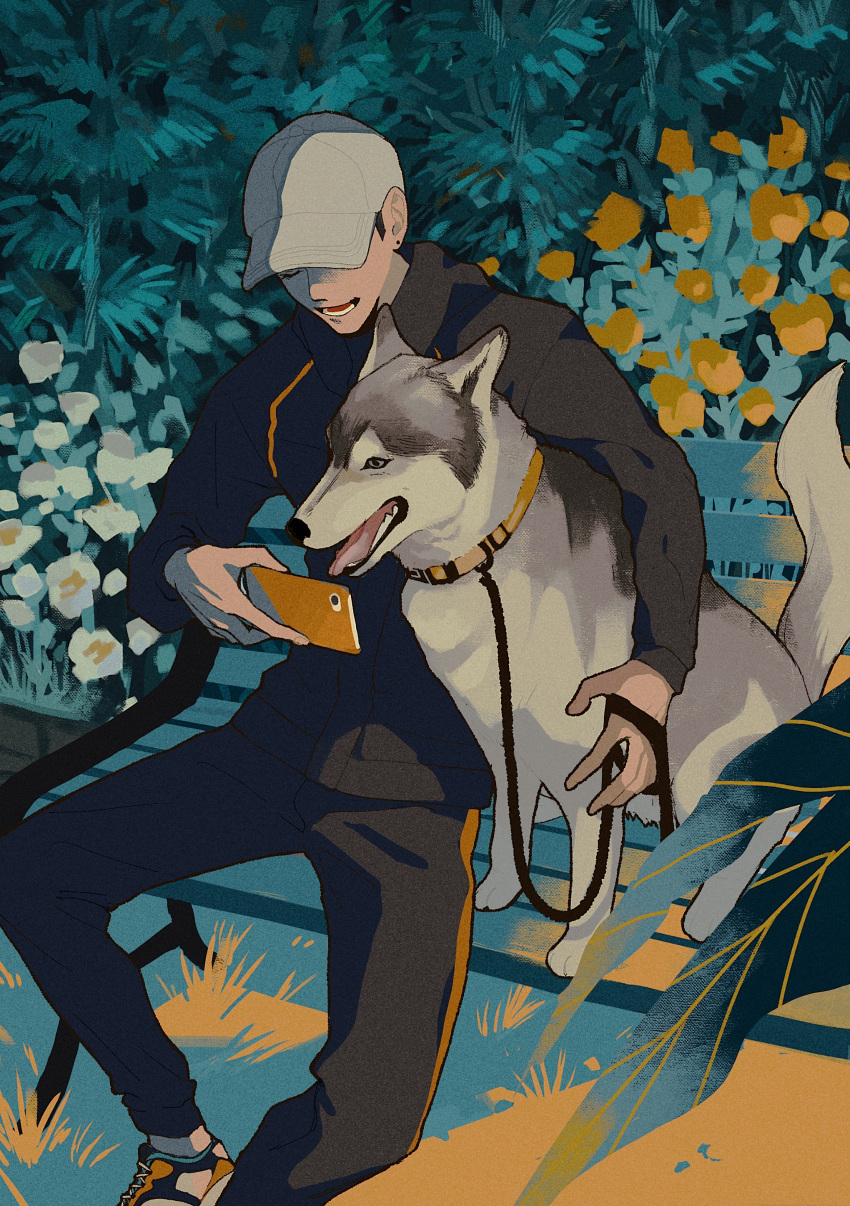 1boy absurdres animal arm_around_back baseball_cap bench black_hair closed_eyes dog ear_piercing floral_background flower full_body hat highres holding holding_leash holding_phone jacket leaf leash looking_at_phone lower_teeth_only male_focus morio_(m_machi) night on_bench open_mouth original pants park_bench phone piercing plant short_hair smile sportswear sweatpants teeth track_jacket wooden_bench