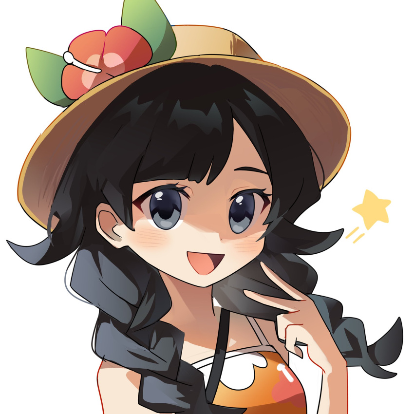 :d black_hair blue_eyes blush braid breasts brown_hat camisole commentary flower hair_over_shoulder hand_up hat hat_flower highres long_hair looking_at_viewer low_twintails luliko253 orange_camisole pokemon pokemon_sm red_flower selene_(pokemon) simple_background small_breasts smile star_(symbol) twin_braids twintails upper_body v white_background