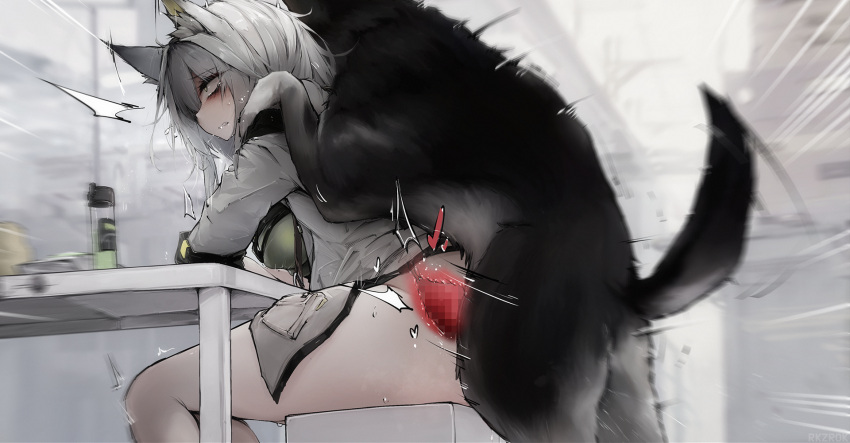 ! 1girl anal animal_ears animal_penis arknights ass bestiality bottomless dog frown green_eyes green_shirt grey_jacket heart highres jacket kal'tsit_(arknights) knotted_penis material_growth oripathy_lesion_(arknights) penis rape rkzrok shirt tears x-ray