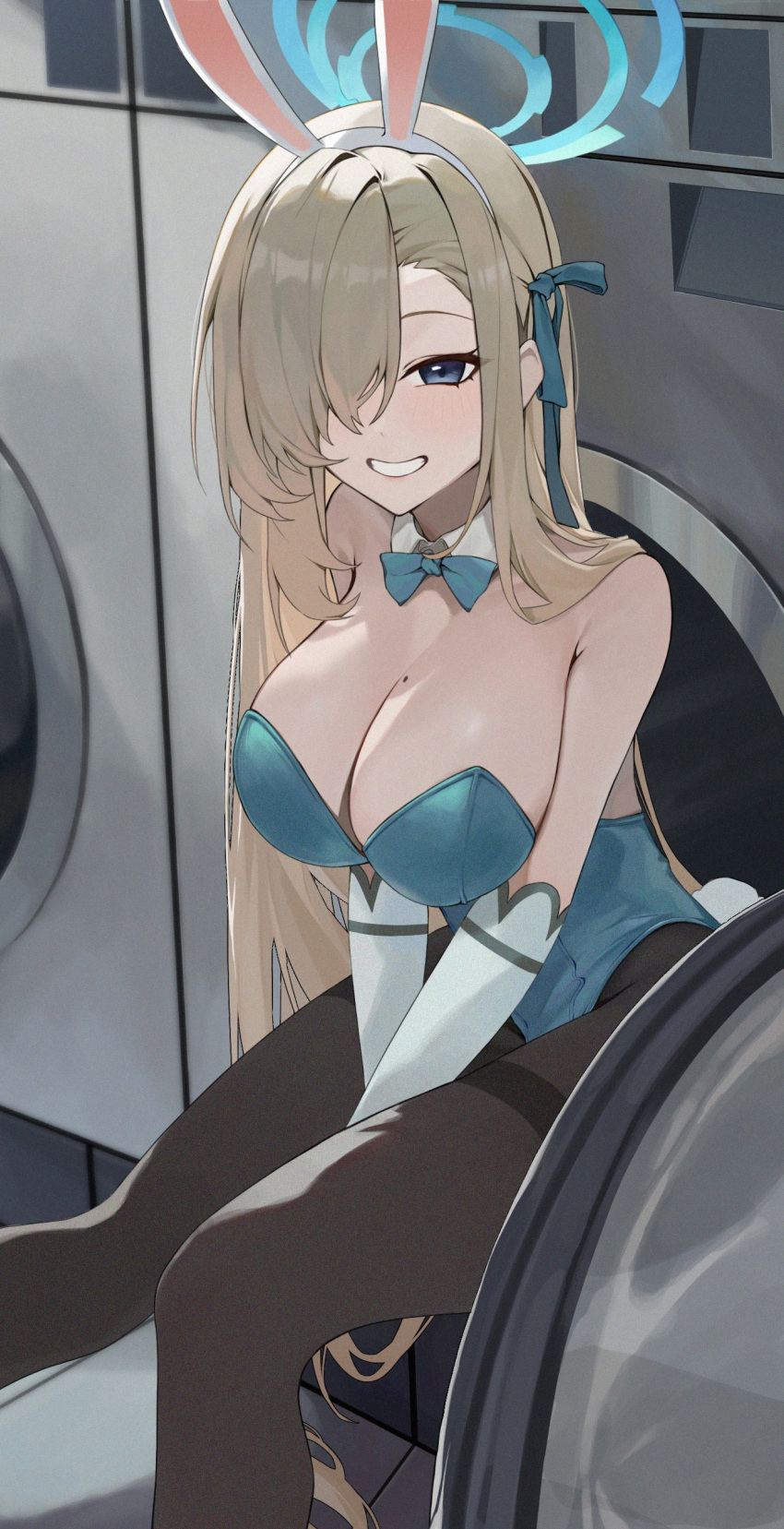 1girl absurdres animal_ears asuna_(blue_archive) asuna_(bunny)_(blue_archive) bburi black_pantyhose blue_archive blue_bow blue_eyes blue_halo blue_leotard blush bow breasts cleavage detached_collar fake_animal_ears feet_out_of_frame gloves grin hair_over_one_eye halo highres large_breasts leotard light_brown_hair long_hair mole mole_on_breast official_alternate_costume pantyhose rabbit_ears smile solo strapless strapless_leotard washing_machine white_gloves