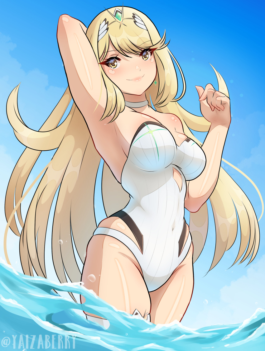 1girl arm_behind_head blonde_hair blush breasts chest_jewel cleavage clothing_cutout core_crystal_(xenoblade) drop_earrings dutch_angle earrings gem hand_up headpiece highres jewelry large_breasts lips long_hair mythra_(radiant_beach)_(xenoblade) mythra_(xenoblade) one-piece_swimsuit outdoors partially_submerged ribbed_swimsuit sidelocks smile solo stomach_cutout strapless strapless_one-piece_swimsuit striped_clothes striped_one-piece_swimsuit swept_bangs swimsuit thigh_cutout thigh_strap tiara twitter_username vertical-striped_clothes vertical-striped_one-piece_swimsuit water white_one-piece_swimsuit xenoblade_chronicles_(series) xenoblade_chronicles_2 yaizaberry yellow_eyes