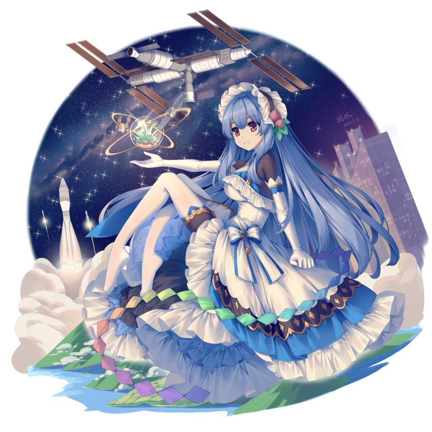 1girl blue_dress blue_hair bodystocking bonnet building constellation dress elbow_gloves food-themed_hair_ornament frilled_dress frills galaxy gloves hair_ornament highres hinanawi_tenshi international_space_station long_hair mechrailgun night night_sky no_shoes pantyhose peach_hair_ornament rainbow_order red_eyes sky skyscraper solo space_shuttle spacecraft star_(sky) starry_sky touhou very_long_hair white_dress white_gloves white_pantyhose