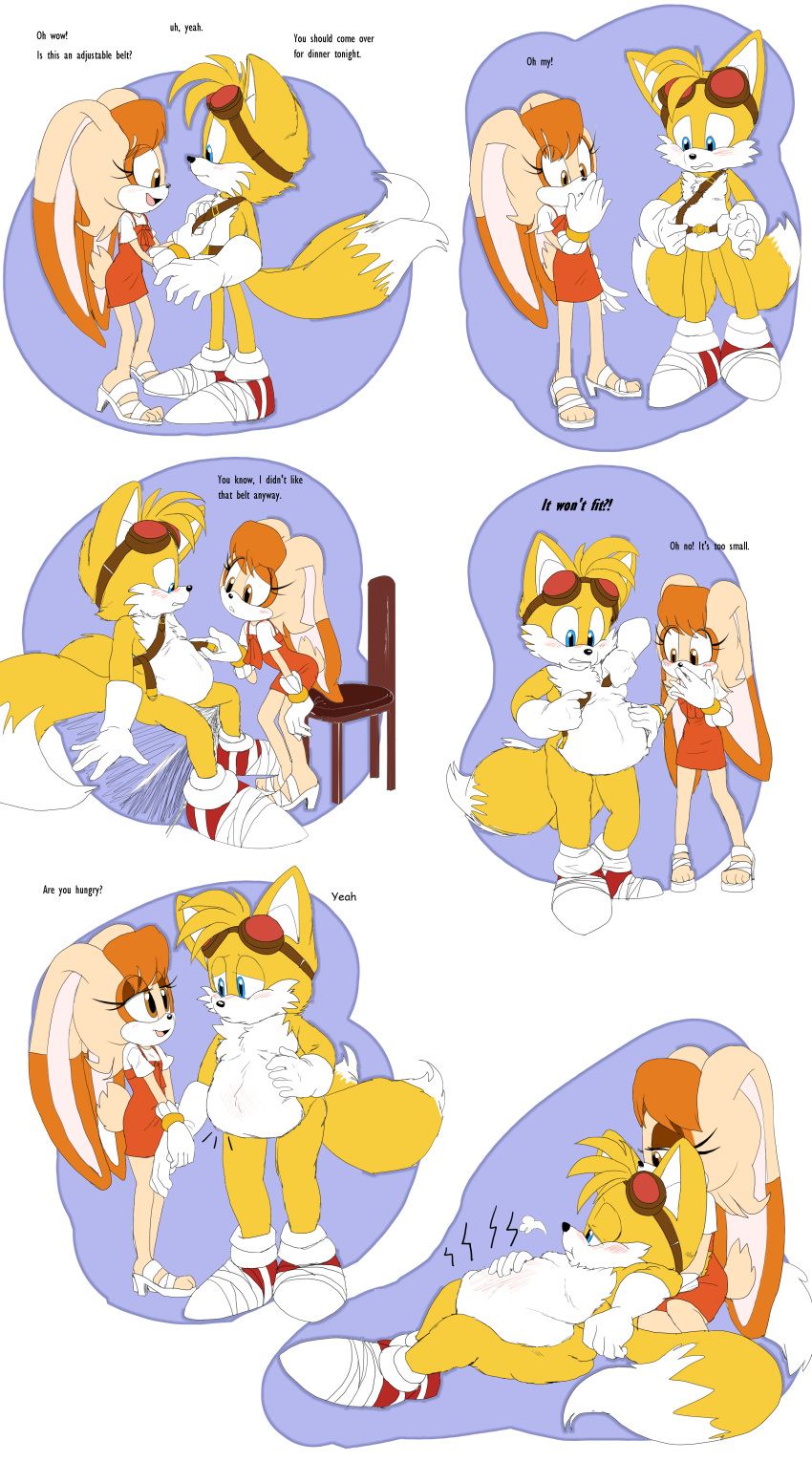 absurdres bed belly belly_rub belt big_belly chair cinahoney cream_the_rabbit fat feeding fluffy fox highres lying multiple_tails on_back plump rabbit ship sonic_(series) sonic_boom_(series) tail tails_(sonic) two_tails watercraft weight_gain