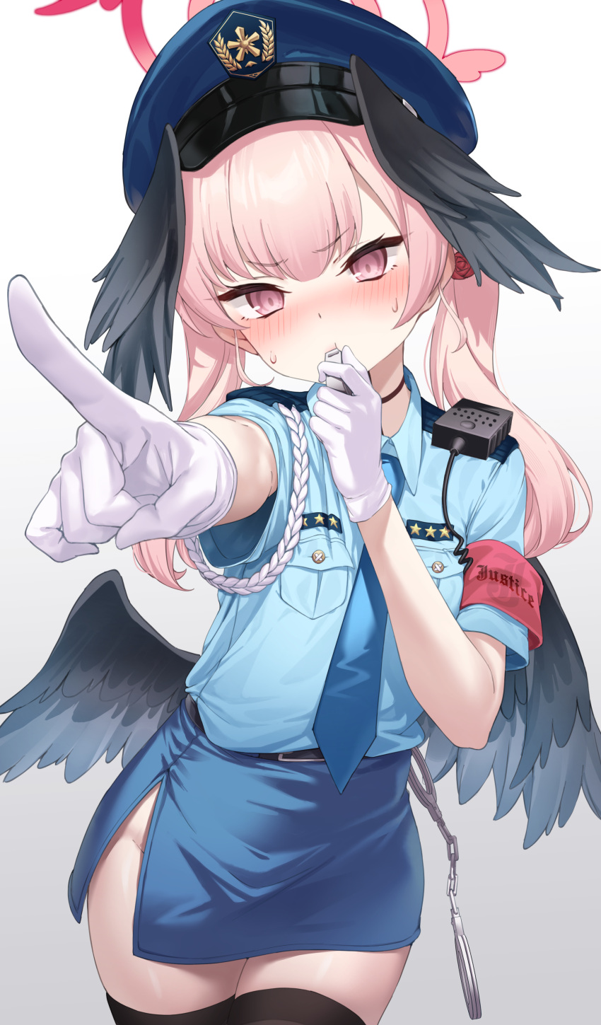 1girl :t absurdres alternate_costume black_thighhighs black_wings blowing_whistle blue_archive blue_hat blue_shirt blue_skirt blush closed_mouth collared_shirt cowboy_shot dress_shirt feathered_wings foreshortening gloves hair_between_eyes halo hand_up hat head_wings highres hip_vent holding holding_whistle index_finger_raised koharu_(blue_archive) long_hair miniskirt nose_blush pencil_skirt pink_eyes pink_hair pink_halo pizza_(pizzania_company) police police_hat police_uniform policewoman shiny_skin shirt short_sleeves side_slit simple_background skirt solo sweat thighhighs tsurime twintails uniform v-shaped_eyebrows whistle white_background white_gloves wings zettai_ryouiki