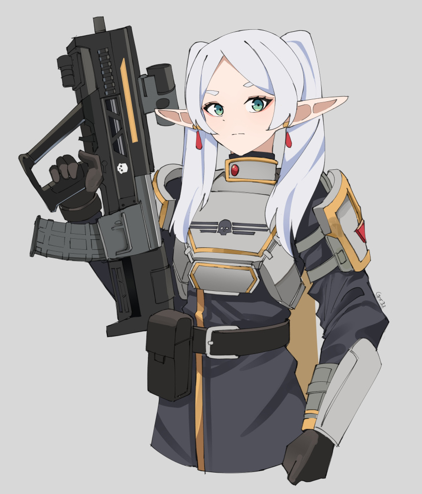 1girl absurdres ar-23_liberator armor belt belt_buckle belt_pouch breastplate buckle bullpup earrings elf english_commentary frieren gar32 green_eyes grey_background grey_hair gun helldivers_(series) highres holding holding_gun holding_weapon jewelry pointy_ears pouch simple_background solo sousou_no_frieren twintails weapon