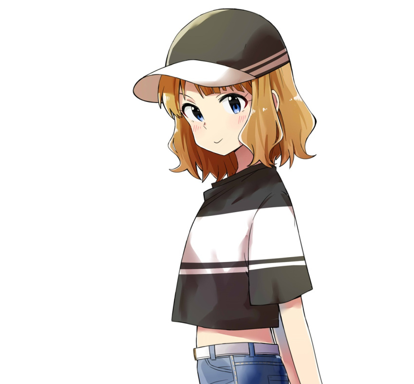 1girl arms_behind_back baseball_cap belt billbung blue_eyes blush brown_hair denim hat idolmaster idolmaster_million_live! idolmaster_million_live!_theater_days jeans looking_at_viewer pants short_hair simple_background smile solo suou_momoko two-tone_shirt