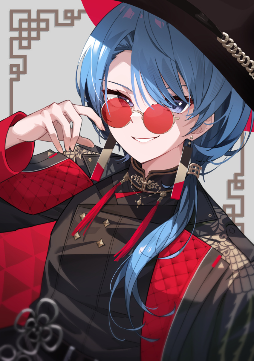 1girl black_shirt blue_eyes blue_hair coat earrings hair_between_eyes hair_over_shoulder hat highres hololive hoshimachi_suisei hoshimachi_suisei_(8th_costume) jewelry long_hair long_sleeves looking_at_viewer official_alternate_costume profnote red-tinted_eyewear round_eyewear shirt simple_background smile solo sunglasses tassel tassel_earrings tinted_eyewear virtual_youtuber