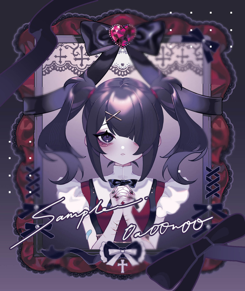 0a00n00 1girl aegyo_sal ame-chan_(needy_girl_overdose) black_hair black_nails black_ribbon cuts hair_ornament hair_over_one_eye hands_up highres injury interlocked_fingers long_hair looking_at_viewer neck_ribbon needy_girl_overdose open_mouth own_hands_together picture_frame purple_eyes red_shirt ribbon sample_watermark self-harm self-harm_scar shirt solo suspenders twintails twitter_username upper_body watermark wrist_cutting x_hair_ornament