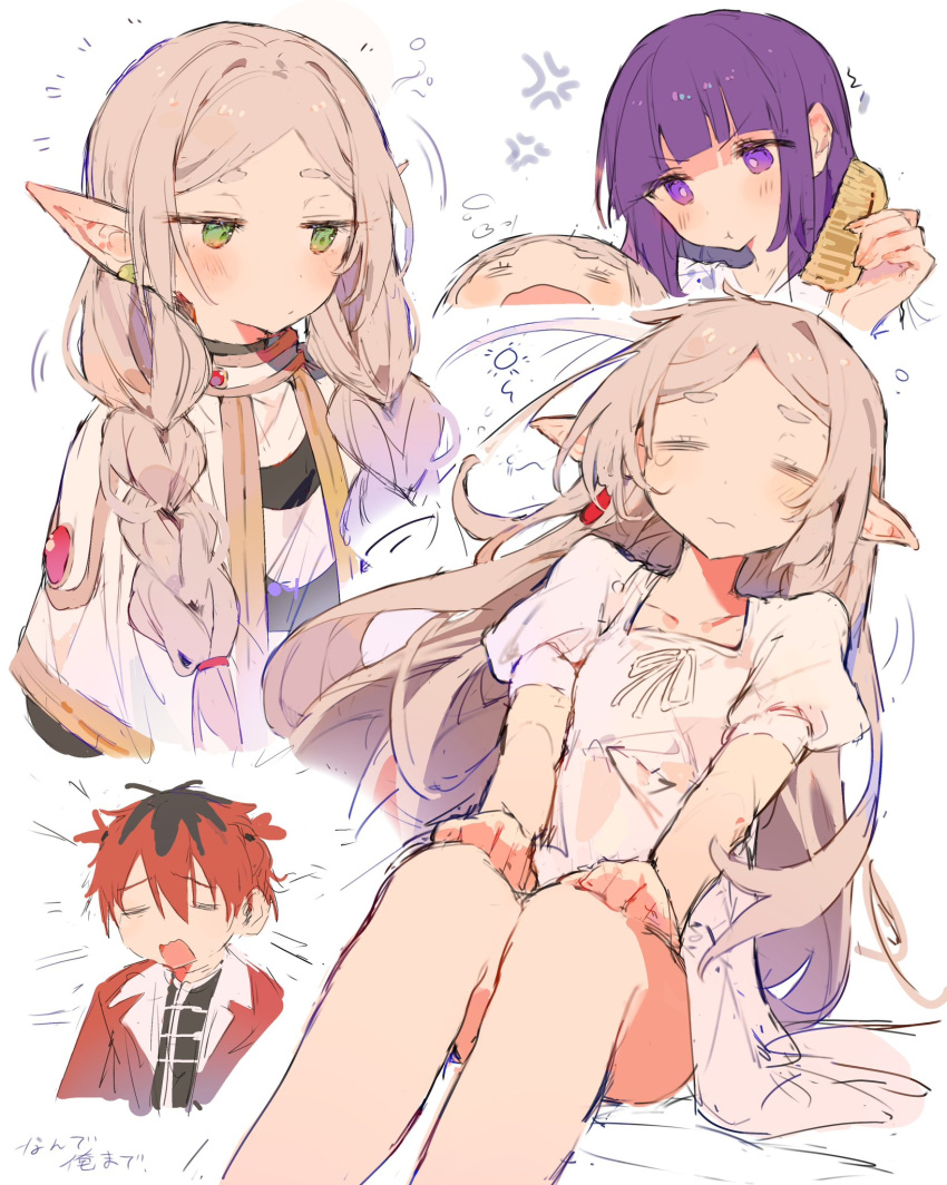 1boy 2girls :t =_= anger_vein arms_on_knees blush braid brushing_another's_hair brushing_hair closed_mouth collarbone comb dress fern_(sousou_no_frieren) frieren green_eyes highres holding holding_comb multiple_girls multiple_views o_(jshn3457) parted_lips pointy_ears purple_hair red_hair short_eyebrows sitting sousou_no_frieren squeans stark_(sousou_no_frieren) twin_braids white_background white_dress