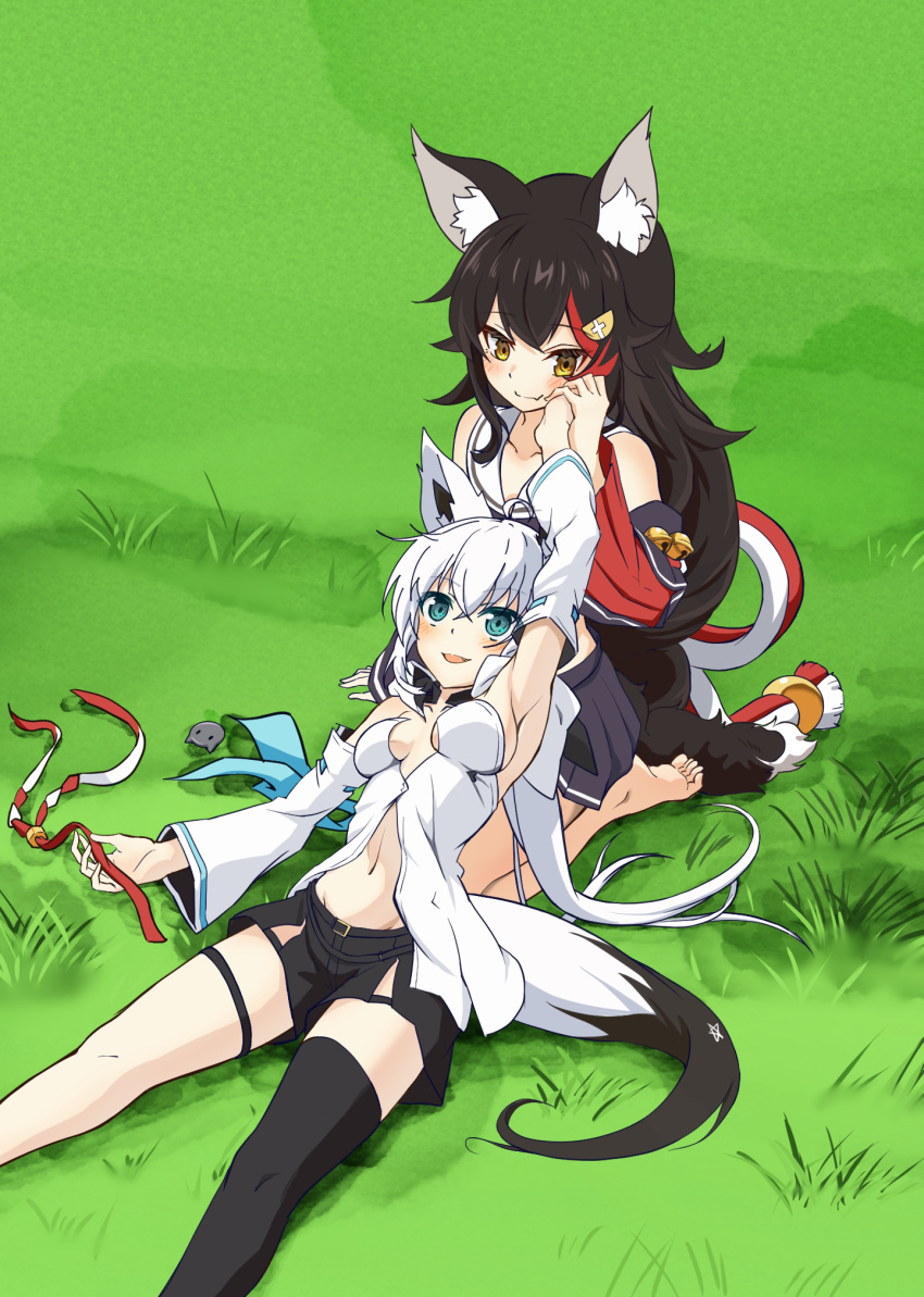 2girls animal_ear_fluff animal_ears arm_up armpits bare_shoulders belt black_hair black_shorts black_sleeves blue_eyes breasts brown_eyes detached_sleeves fox_ears fox_girl fox_tail hand_on_another's_cheek hand_on_another's_face highres holding_hands hololive kagami_yoshino lap_pillow long_hair lying lying_on_person multicolored_hair multiple_girls navel on_back ookami_mio open_mouth pantyhose ponytail shirakami_fubuki shirt shorts single_thighhigh sitting sleeveless sleeveless_shirt smile strapless strapless_shirt streaked_hair tail thigh_strap thighhighs thighs virtual_youtuber white_hair white_pantyhose white_shirt wolf_ears wolf_girl wolf_tail yuri