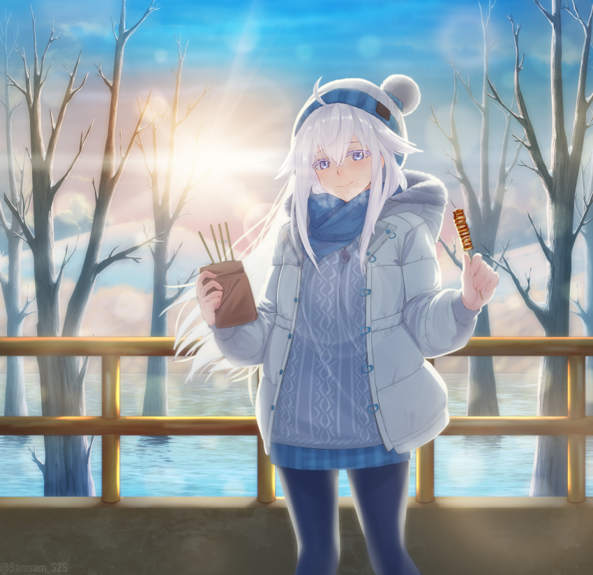 1girl absurdres ahoge bare_tree black_pantyhose blue_eyes blue_scarf codename:_bakery_girl food fur-trimmed_jacket fur_trim hair_between_eyes hat highres holding holding_food hood hooded_jacket jacket jefuty_(bakery_girl) lens_flare long_hair looking_at_viewer open_clothes open_jacket pantyhose railing reverse_collapse_(series) samsam_s2s scarf smile solo straight-on sun tree white_hair winter_clothes