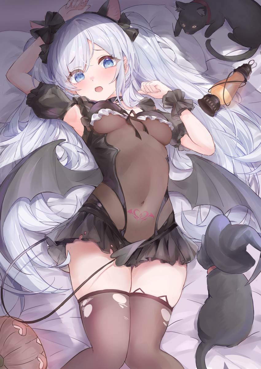 1girl absurdres again_(depr4447) animal_ears arms_up azur_lane black_thighhighs blue_eyes breasts cat cat_ears covered_navel demon_tail demon_wings fake_animal_ears halloween_costume highres janus_(azur_lane) janus_(fright-night_scaredy-cat)_(azur_lane) long_hair lying official_alternate_costume open_mouth see-through small_breasts solo tail thighhighs torn_clothes torn_thighhighs twintails white_hair wings