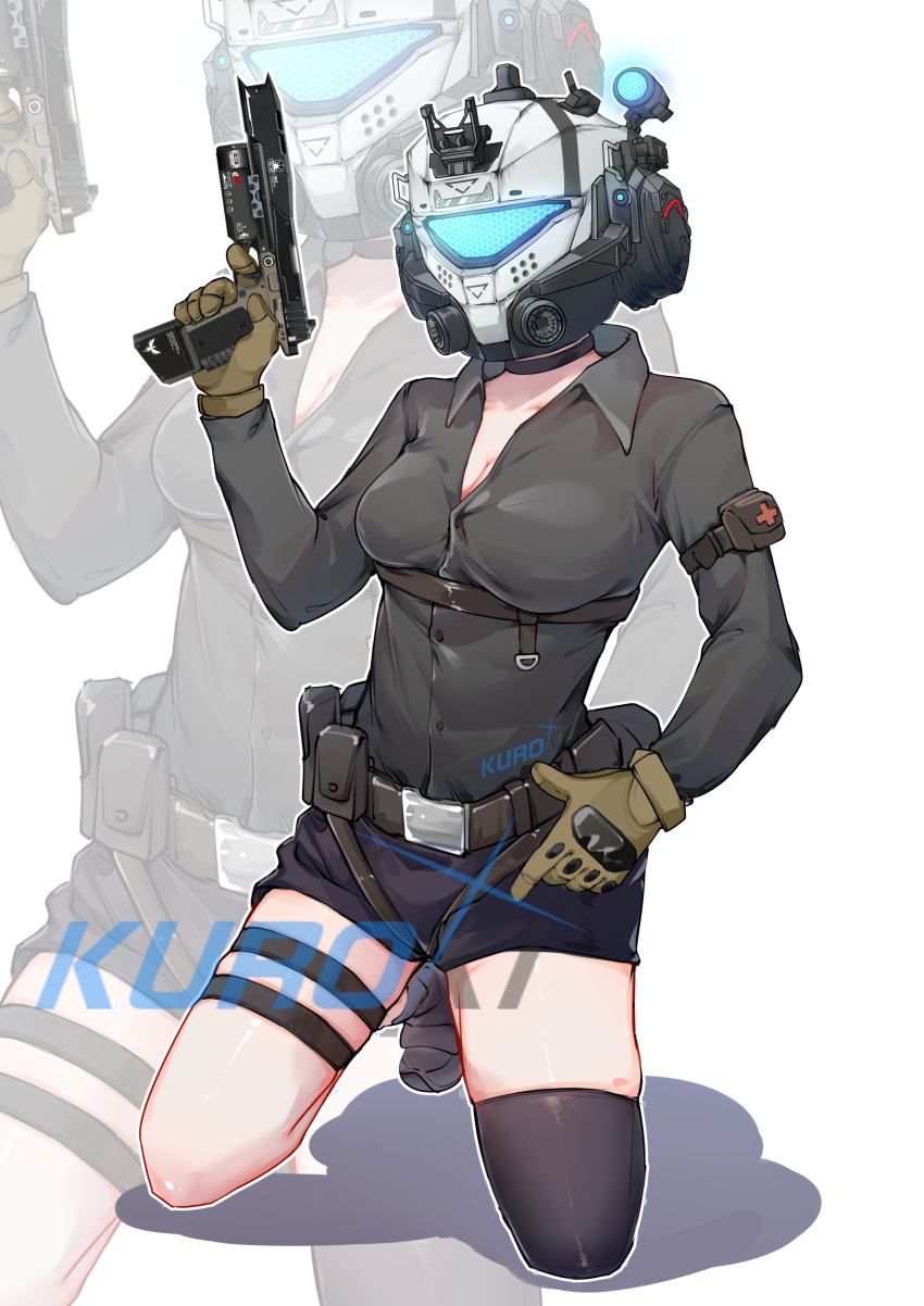 1girl absurdres assault_visor belt black_belt black_choker black_shirt black_shorts breasts brown_gloves chest_harness chinese_commentary choker cleavage collarbone collared_shirt gloves glowing gun handgun harness helmet highres holding holding_gun holding_weapon kneeling liuliu_(liuli_desu) medium_breasts pilot_(titanfall_2) pulse_blade_pilot_(titanfall_2) shadow shirt shorts single_thighhigh skindentation smart_pistol solo thigh_strap thighhighs titanfall_(series) titanfall_2 weapon zoom_layer