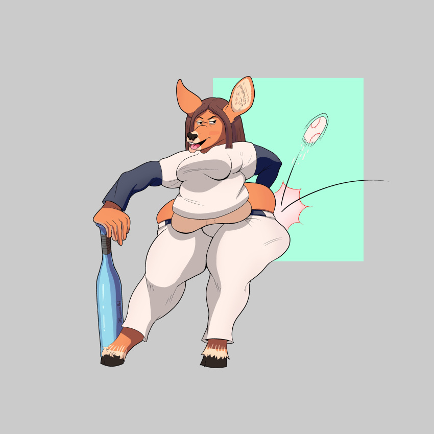 absurd_res anthro ball baseball_(ball) baseball_bat baseball_uniform bat_(object) belly belly_overhang big_belly big_breasts big_butt bottomwear breasts brown_body brown_fur brown_hair butt cel_shading cervine clothed clothing deer digital_media_(artwork) female fur hair hi_res hit_by_object huge_butt huge_thighs hyper hyper_butt looking_back luminared mammal overweight pants shaded shirt short_hair skindentation solo sportswear standing thick_thighs tight_clothing topwear uniform wide_hips