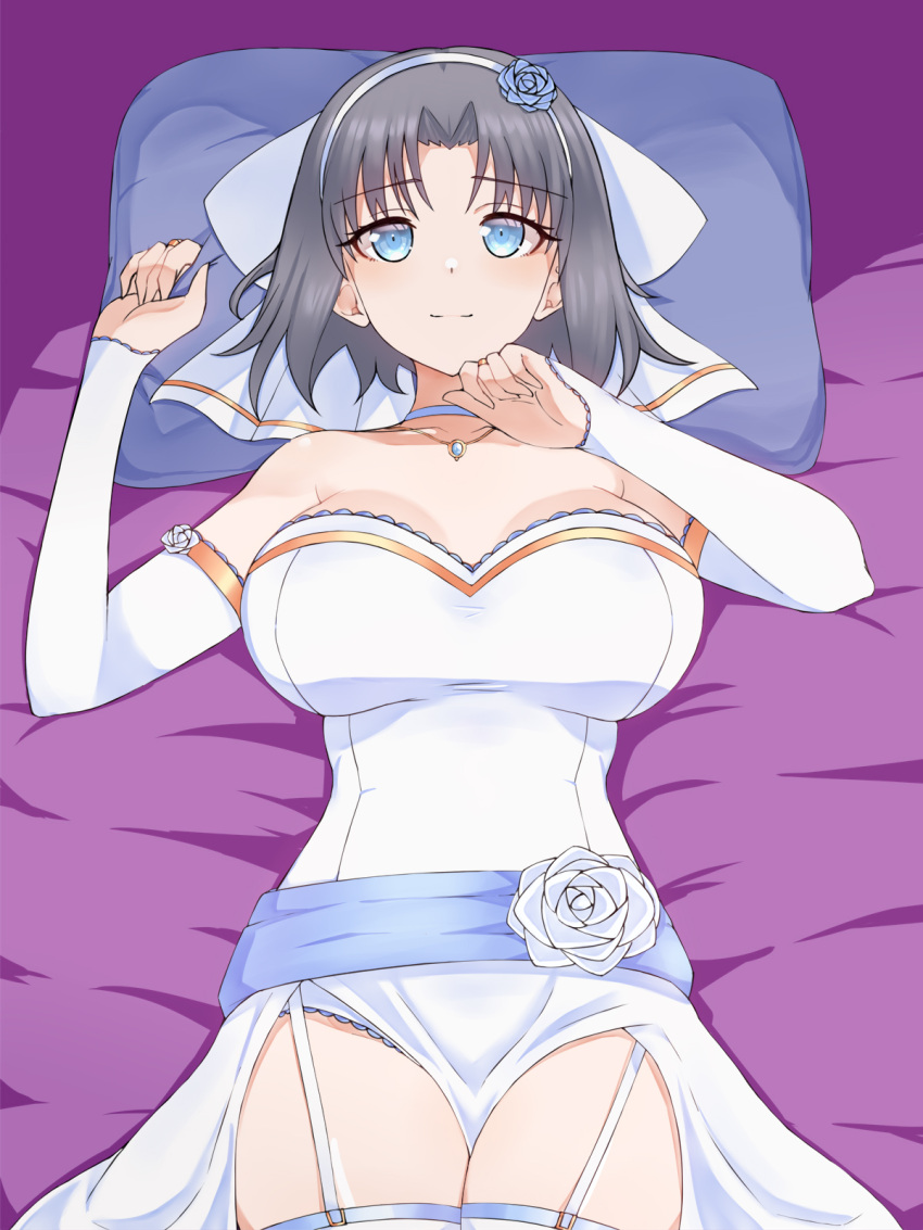 blue_eyes blue_flower bow breasts bridal_garter bridal_gauntlets choker cleavage closed_mouth dress english_commentary flower grey_hair hair_bow hairband highres jewelry large_breasts looking_at_viewer low_neckline medium_hair necklace on_bed pillow senran_kagura smile striped_bow thighhighs wedding_dress white_bow white_choker white_hairband white_thighhighs yumi_(senran_kagura) zatsu