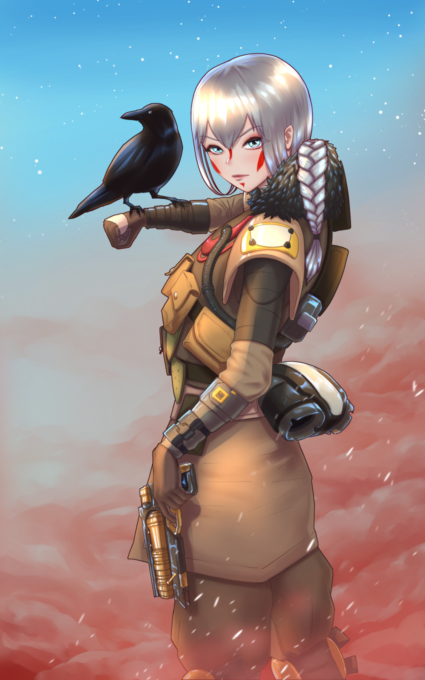 1girl absurdres animal_on_arm apex_legends b3_wingman bird bird_on_arm bloodhound_(apex_legends) blue_eyes braid brown_gloves brown_jacket brown_pants brown_skirt clenched_hand crow frown genderswap genderswap_(otf) gloves grey_hair gun hair_behind_ear highres holding holding_gun holding_weapon jacket long_hair looking_at_viewer pants pouch roman_baranovsky skirt solo weapon