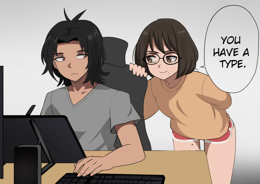 1boy 1girl artist_self-insert black_hair brown_eyes brown_hair brown_shirt closed_mouth dark_skin desk english_text frown glasses gradient_background grey_shirt highres jourd4n keyboard_(computer) leaning_forward long_sleeves looking_at_viewer mole mole_on_thigh mole_under_mouth original red_shorts screen shirt short_hair short_sleeves shorts smile speech_bubble white_background