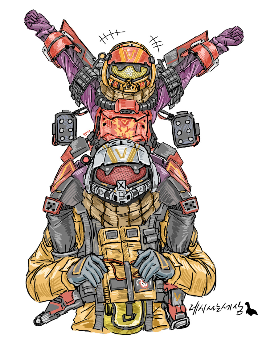 1boy 1girl apex_legends armor assault_visor birthright_valkyrie black_gloves bodysuit breastplate brown_jacket brown_scarf clenched_hands gloves helmet highres jacket korean_text missile_pod nessie_(respawn) pilot_suit purple_bodysuit purple_gloves scarf silhouette simple_background time_paradox titanfall_(series) titanfall_2 tuyo valkyrie_(apex_legends) viper_(titanfall_2) white_background