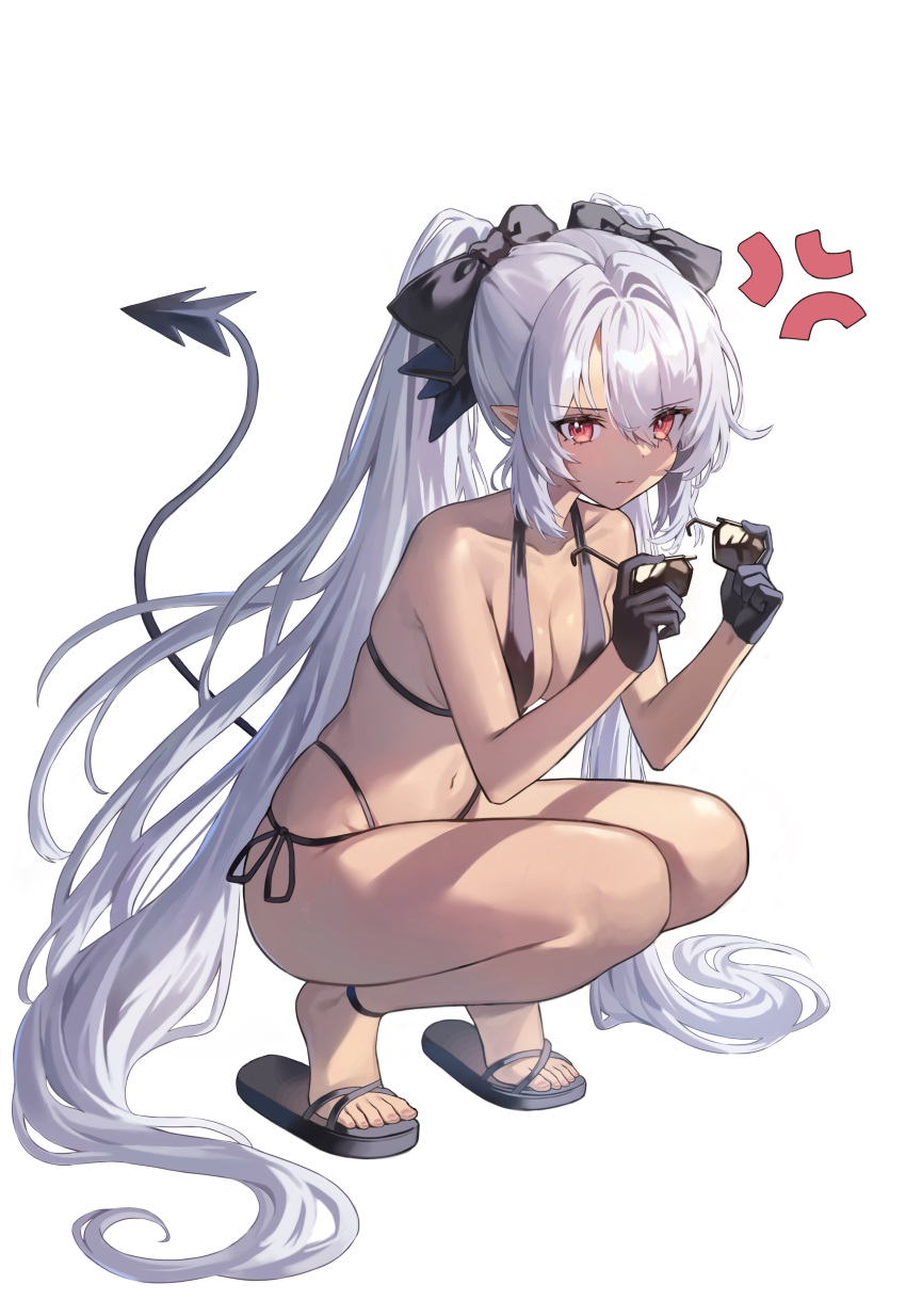 1girl absurdres anger_vein bare_arms bare_legs bare_shoulders bikini black_bikini black_gloves black_tail blue_archive blush breasts closed_mouth collarbone dark-skinned_female dark_skin demon_tail full_body gloves greenapple grey_hair hair_between_eyes highres holding holding_removed_eyewear iori_(blue_archive) iori_(swimsuit)_(blue_archive) long_hair navel official_alternate_costume pointy_ears red_eyes sandals simple_background small_breasts solo squatting sunglasses swimsuit tail unworn_eyewear white_background