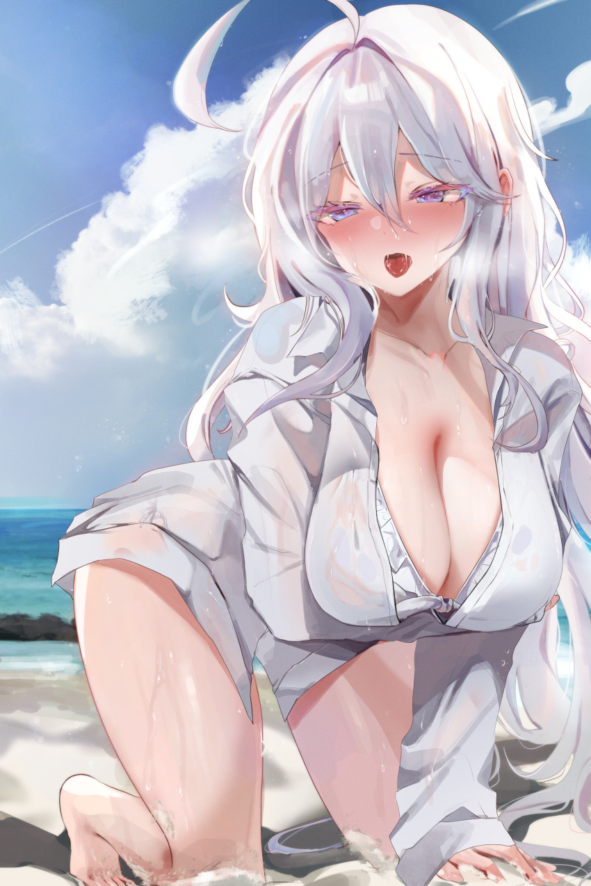 1girl absurdres ahoge antenna_hair arm_under_breasts beach bikini blue_sky blush breasts cleavage cloud collarbone commentary_request day dolechan dress_shirt frilled_bikini frills hair_between_eyes highres kneeling large_breasts long_hair looking_at_viewer ocean open_mouth original outdoors purple_eyes shirt sidelocks sky solo sweat swimsuit tongue tongue_out variant_set white_bikini white_hair white_shirt